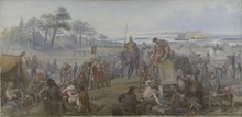 Das Gemälde zeigt zahlreiche Personen nach einem Kampf; Verwundete werden transportiert und versorgt, ein großer Mann wird in einen Wagen gehoben und im Hintergrund brennen Schiffe.