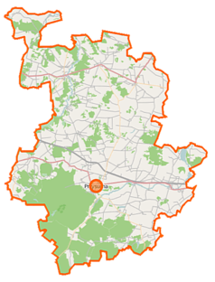 Mapa konturowa powiatu przysuskiego, po lewej znajduje się punkt z opisem „Brzezinki”