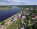 Areal view of the historic centre of Jēkabpils and orthodox Holy Spirit monastery.