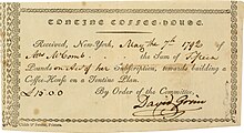 Subskriptionsquittung über 15 £ für den Bau des Tontine Kaffee-Hauses an der Wall Street 82 in Manhattan, ausgestellt in New York am 7. Mai 1792. Das 1793–94 nach einem Tontinenplan erbaute Tontine Coffee-House diente einer Gruppe von Börsenmaklern als Wertpapierbörse, aus der später die New York Stock Exchange wurde.