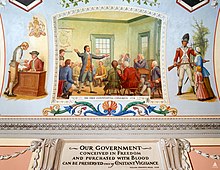 Painting illustrating taxation of colonials, British military occupation and meeting of the First Continental Congress