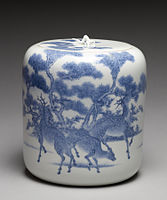 Mizusashi fresh water jar with deer under maple trees decoration by Imamura Rokuro, 1870–1890