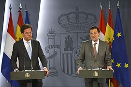 La salle de presse du palais. Réception du Premier ministre des Pays-Bas Mark Rutte par Mariano Rajoy.