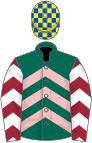 Dark green and pink chevrons, maroon sleeves, white chevrons, yellow and royal blue check cap