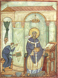 Saint Grégoire écrivant sous l'inspiration de la colombe du Saint-Esprit (Registrum Gregorii, Xe siècle).