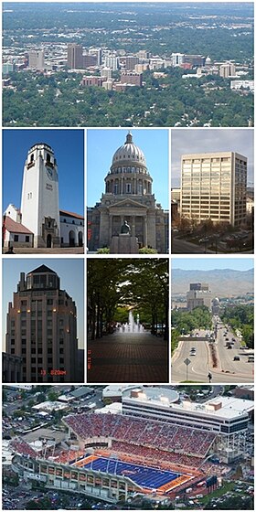 Do topo, da esquerda para a direita: panorama de Boise, estação ferroviária, Capitólio Estadual de Idaho, One Capitol Center, Edifício Hoff, Grove Fountain, Capitol Blvd. e o Albertsons Stadium