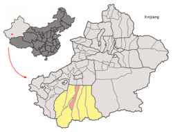 Lokasi County Lop (jingga) di dalam Prefektur Hotan (kuning) dan Xinjiang