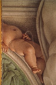A close up view of a puer mingens by Annibale Carracci, 1600, Palazzo Farnese, Rome