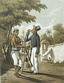 An illustration of a Royal Netherlands East Indies Army soldier drinking tuak sold by a vendor