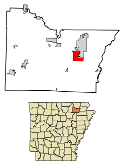 Location of Hoxie in Lawrence County, Arkansas.