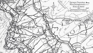 Map showing Mouquet Farm and the German defensive fortifications from Thiepval to Courcelette, July 1916