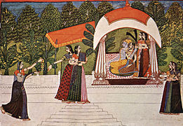 Krishna y Râdhâ en un pabellón (c. 1750)