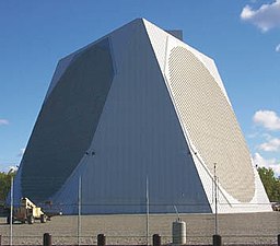 US Air Force PAVE PAWS phased array radar antenna for ballistic missile detection, Alaska. The two circular arrays are each composed of 2677 crossed dipole antennas.