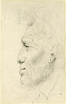 A drawing of a Maori man with facial tattoos