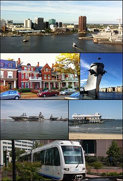 Clockwise from top: Downtown Norfolk skyline as viewed from across the Elizabeth River, USS Wisconsin battleship museum, Ocean View Pier, The Tide light rail, ships at Naval Station Norfolk, historic homes in Ghent