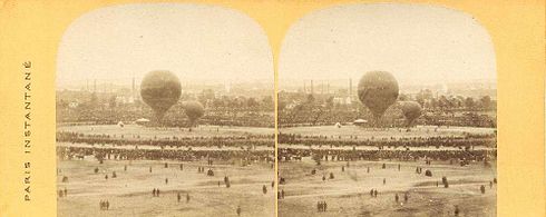 1863: Zweiter Aufstieg von Le Géant auf dem Champ de Mars in Paris; Stereoskopie der Reihe Paris Instantané