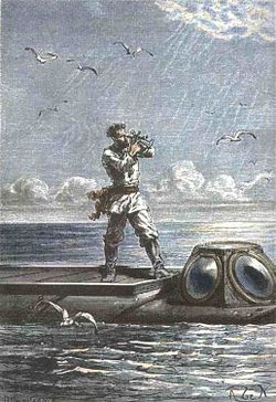 Juché sur le Nautilus, le capitaine Nemo calcule la latitude grâce à son sextant. Gravure d'après un dessin d'Alphonse de Neuville.