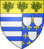 Blason de la commune de la Boissière-de-Montaigu: Parti: au premier d'argent aux trois fasces d'azur, au second d'azur semé de fleurs de lys d'or aux trois écussons d'argent brochant sur le tout; le tout sommé d'un chef d'or chargé de trois buis de sinople