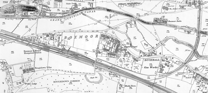 An 1898 OS map shows the southern extend of the Nickey Line, which terminated 1⁄2 mile (0.80 km) away from Boxmoor station; a mainline link opened in 1959 only lasted for 6 months