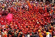 Color drenched Gopis during the Holi celebrations in Krishna Temple, Mathura