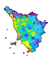 Toskana: Summe Tmed−20 °C (<1000 bis ≥3000 Gradtage)