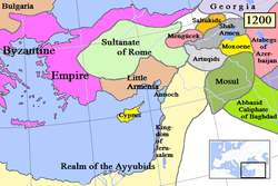 1200 yılında Anadolu, Mengüçlü Beyliği, Anadolu Selçuklu Devletinin (Sultanate of Rome) doğusunda görünmektedir.