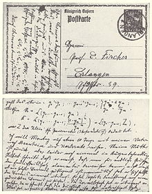 Recto et verso d'une carte postale couverte d'écriture manuscrite de Noether.