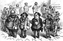 Sebuah kartun yang menunjukkan sekelompok pria menunjuk jari mereka ke pria di sebelah kanan mereka dengan seringai di wajah mereka.