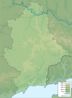 Mapa konturowa obwodu donieckiego, w centrum znajduje się punkt z opisem „miejsce bitwy”