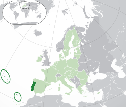 Ibùdó ilẹ̀  Pọ́rtúgàl  (dark green) – on the European continent  (green & dark grey) – in the European Union  (green)  —  [Legend]