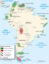 Carte montrant les gisements de pétroles situés en Amérique du Sud.