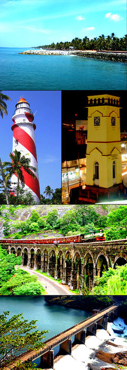 From top: پراوور، کولم estuary, Light house and clock tower in کولام city, 13 Ring bridge of Thenmala, Check dam across Kallada river