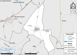 Carte en couleur présentant le réseau hydrographique de la commune