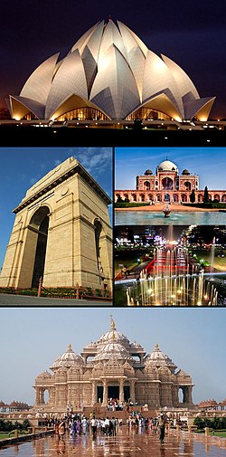 Frae top clockwise: Lotus Temple, Humayun's Tomb, Connaught Place, Akshardham Temple, an India Gate.