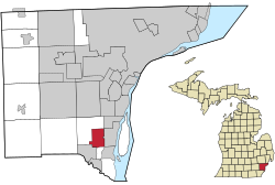 伍德黑文在韋恩縣及密歇根州的位置（以紅色標示）