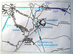 Skizze der Soleleitung von Sülze zum Bornriethmoor, der Torfkanäle aus dem Moor und der späteren Röhrenleitung nach Altensalzkoth