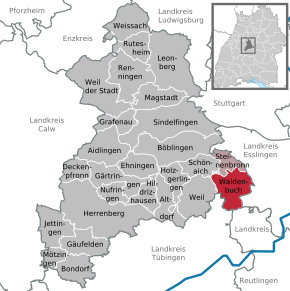 Poziția orașului Waldenbuch pe harta districtului Böblingen