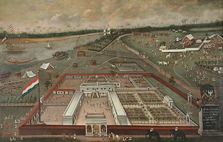 Hendrik van Schuylenburgh, Le Comptoir commercial de la Compagnie néerlandaise des Indes orientales à Hooghly, Bengale, 1665, huile sur toile (Amsterdam, Rijksmuseum). (définition réelle 5 972 × 3 808)