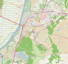 Mapa konturowa Grudziądza, blisko centrum na lewo u góry znajduje się punkt z opisem „Bazylika kolegiacka św. Mikołajaw Grudziądzu”