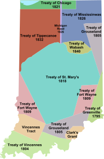 A colorful map of Indiana with treaty names