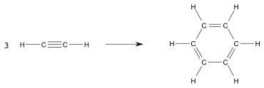 Bilan réactionnel de la trimérisation de l'acétylène ; réactif : 3 acétylène C2H2 ; produit : benzène C6H6