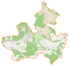 Mapa konturowa gminy Mosina, blisko centrum na lewo znajduje się punkt z opisem „Mosina”