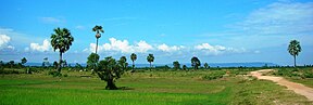 Phnom Kulen is ’n lang, aaneenlopende silhoeët op die agtergrond.