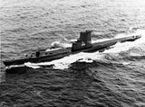 Balao-class GUPPU-type submarine diesel-electric attack submarine surfaced and underway at sea in 1966.