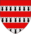 fascé de gueules et d'argent, chargé de ravelles de sable. (Das Wappen des Trencavel vor 1247).