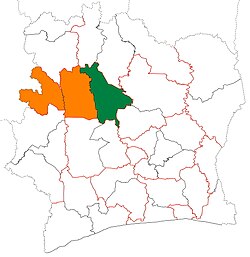 Location of Béré Region (green) in Ivory Coast and in Woroba District