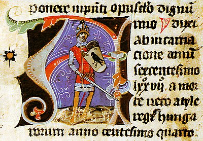 Chronicon Pictum, Hungarian, Álmos, chieftain, grand prince, sword, red armor, shield, Turul, bird, medieval, chronicle, book, illumination, illustration, history