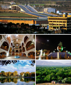 Clockwise from top: Bakhtyari Bridge, Valiasr Square, Senjan, City Park, and the old bazaar.