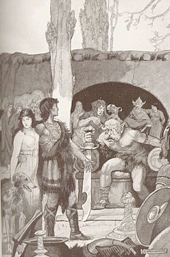 Culhwch i Olwen a la cort d'Ysbaddaden. Il·lustració d'Ernest Wallcousins a Celtic Myth & Legend, 1920