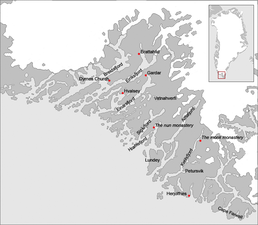 Mapa dos assentamentos orientais em Kujalleq, Groenlândia.